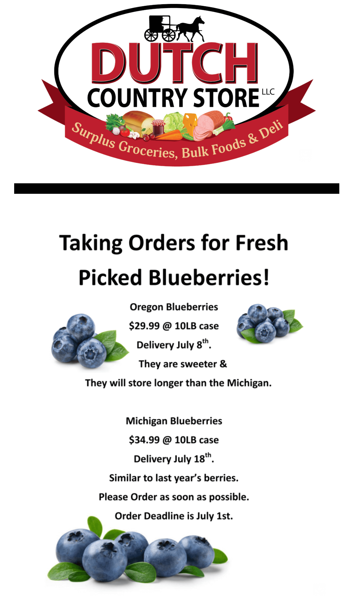 Flyer for Dutch Country Store advertising fresh blueberry orders from Oregon and Michigan, with prices, delivery dates, and order deadline of July 1st. Blueberry images are shown.